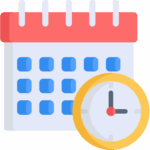 Icône représentant un calendrier avec des cases bleues pour les jours et une horloge superposée indiquant un rendez-vous ou une planification.