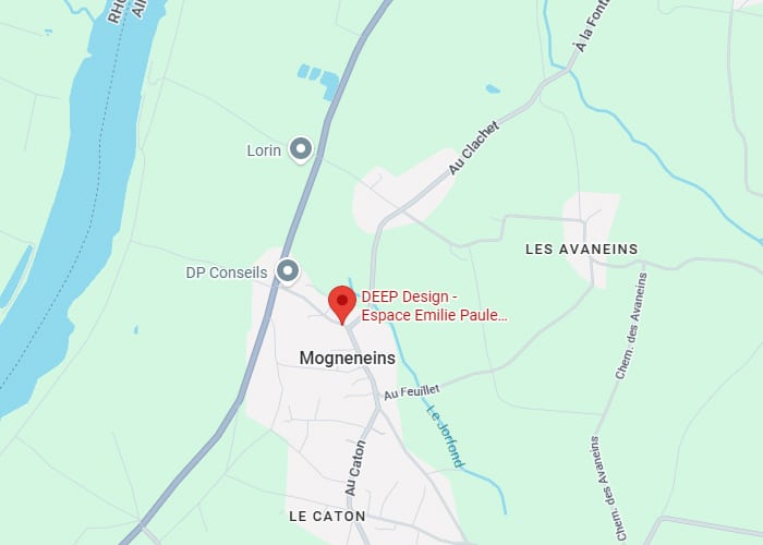 Carte localisant DEEP Design - Espace Emilie Paule à Mogneneins, près de Lorin et DP Conseils, avec le Rhône à l'ouest et Les Avaneins au nord-est.