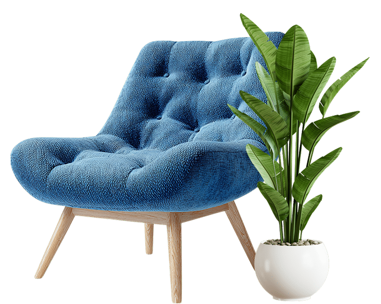 Fauteuil Design Bleu Capitonnné et Plante d'Intérieur Fauteuil design capitonné bleu vif avec structure en bois clair, à côté d'une plante d'intérieur haute (oiseau de paradis) dans un pot blanc.