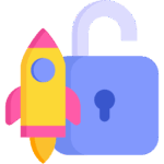 Icône plate d'une fusée jaune et rose décollant à côté d'un cadenas bleu clair déverrouillé, symbolisant le lancement rapide et l'accès débloqué.