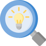 Loupe bleue grossissant une ampoule allumée jaune avec des rayons lumineux, symbolisant la recherche d'idées ou d'innovation.