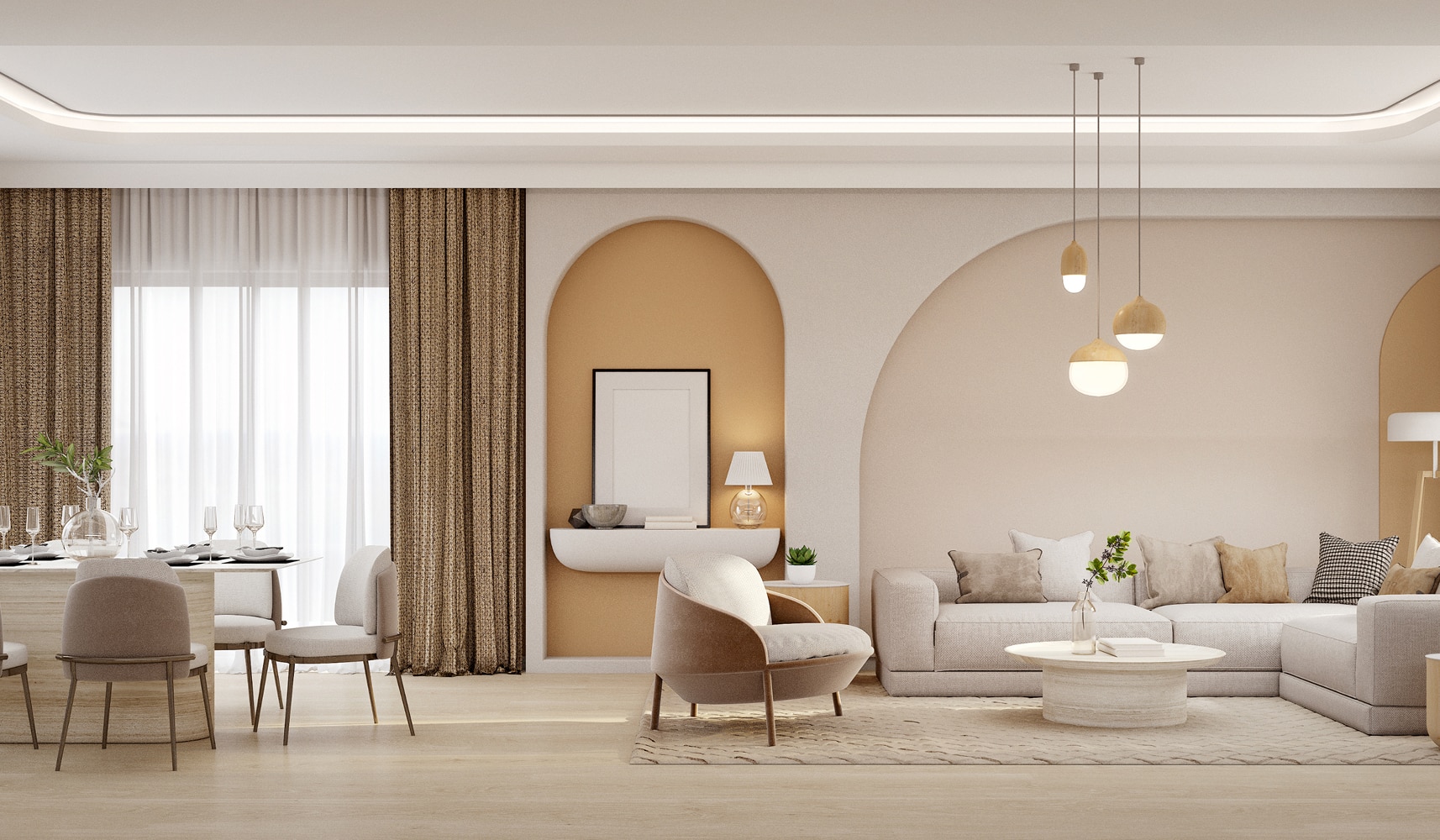Salon et salle à manger modernes aux tons neutres, avec canapé clair, fauteuil courbe, éclairage suspendu bois et niches murales arches.